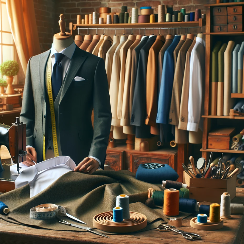 A tailor's workshop is illustrated in rich detail, featuring a mannequin sporting a partially tailored suit. Surrounding it is a wooden table laden with tailoring tools: measuring tapes, scissors, and colorful spools of thread. Rolls of fabric and an assortment of garments hang in the background, creating an ambiance of traditional craftsmanship and bespoke fashion.