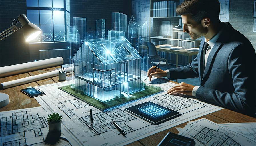An architect working on a holographic 3D model of a building. This model is tailored to the specific requirements of a client, showcasing innovation and customization in the field