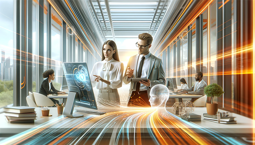 Two professionals, a woman and a man, are interacting with holographic AI technology in a bright, modern office. Vibrant orange digital lines flow through the space, symbolizing dynamic energy and innovation. The office overlooks a cityscape, blending the futuristic tech with a natural daylight setting, embodying the fusion of human collaboration and advanced AI.