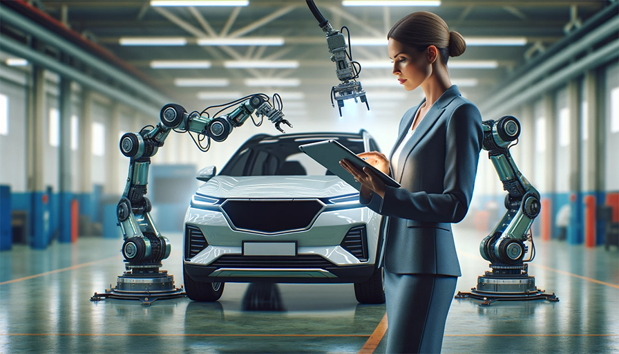 A professional woman in smart business attire uses a tablet to control robotic arms inspecting a car in an automotive inspection bay. The advanced robots, equipped with diagnostic tools, meticulously examine the vehicle. The scene is bathed in natural light, highlighting the reflective sheen on the car and the crisp details of the machinery, conveying a high-tech, efficient vehicle inspection process in the insurance industry.