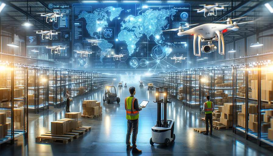 Inside a bustling distribution center, a logistics engineer in a reflective safety vest is programming a fleet of delivery drones. Above, a fleet of drones hovers, equipped with sophisticated navigation systems. In the background, large digital screens display global shipping routes and AI-predictive models, highlighting the integration of advanced technology in supply chain management.
