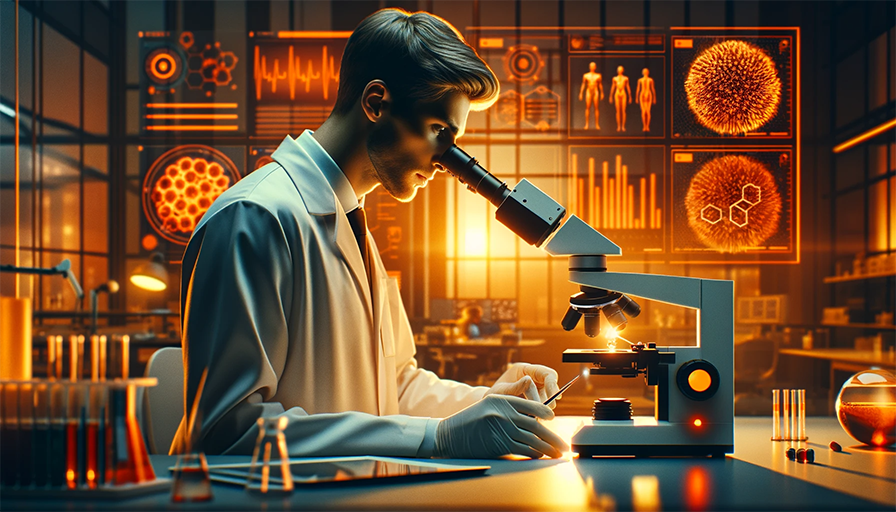 A healthcare professional in a lab coat is focused on examining a specimen under a state-of-the-art microscope with orange accents, highlighting the integration of technology in medical research. The modern laboratory is bathed in a warm, ambient orange glow, with digital screens in the background displaying advanced biomedical data.