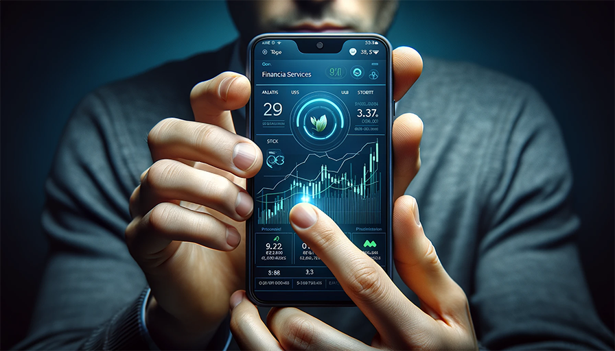 Close-up of a person's hands holding a smartphone displaying a financial services app, with a clear and detailed user interface showing stock market analytics and personal finance tools. In the softly focused background, the person's face is visible, reflecting engagement and satisfaction with the app. The smartphone screen is sharp and prominent, emphasizing the accessibility of financial management at one's fingertips.