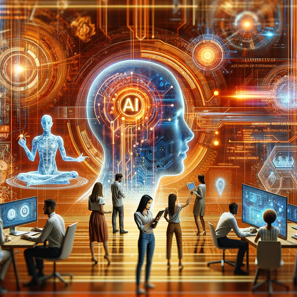 The image has been created, featuring a vibrant and futuristic AI-themed scene with a diverse group of people engaging with advanced technology.