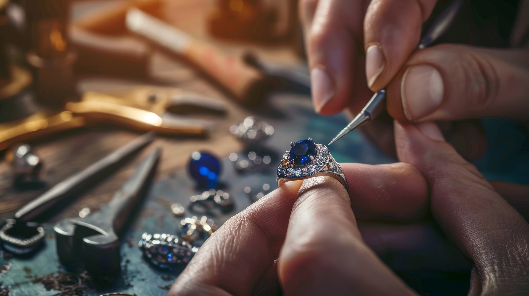Jeweller working on a beautiful sapphire ring